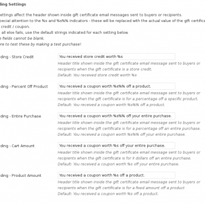 WooCommerce Gift Certificates - Message Header Settings