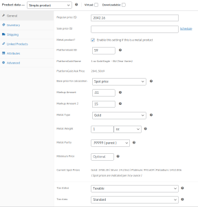 Product settings using metal spot price